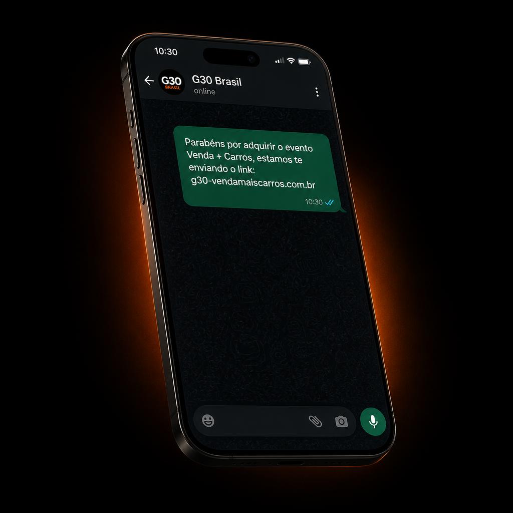 Ilustração de um celular recebendo no WhatsApp o link de acesso do evento Venda + Carros da G30